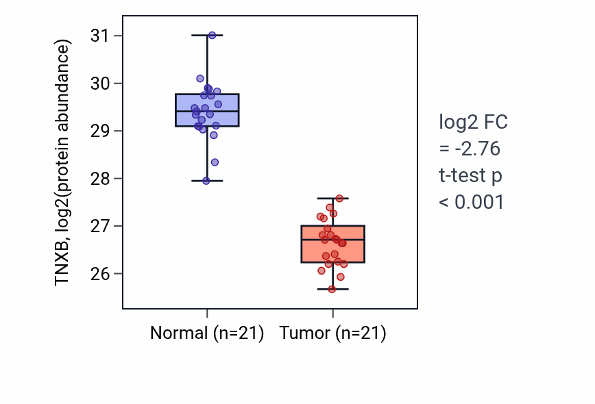 Tumor-vs-normal mass-spec protein box plot for TNXB in HNSC.