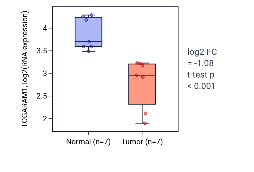 Tumor-vs-normal expression box plot for TOGARAM1 in THCA.