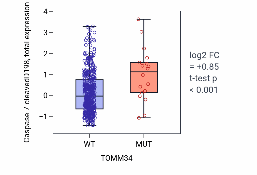 Box plot of Caspase-7-cleavedD198 in TOMM34-low vs TOMM34-high samples in UCEC.
