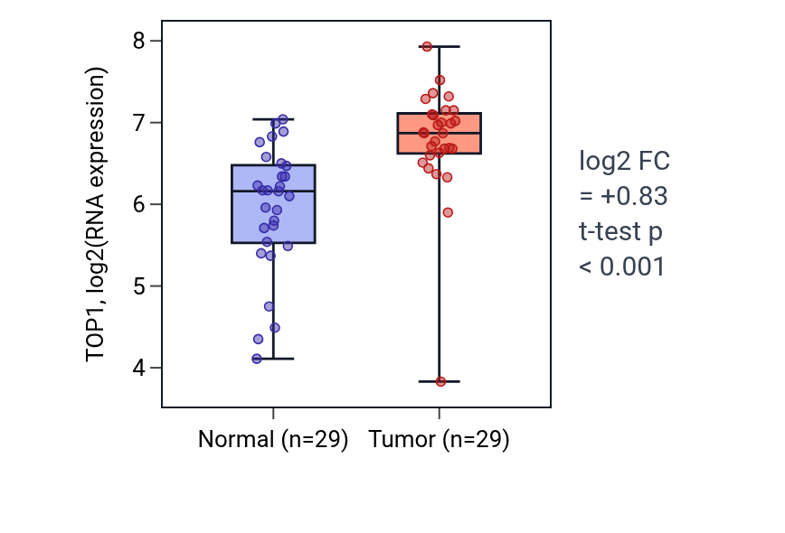 Tumor-vs-normal expression box plot for TOP1 in HNSC.