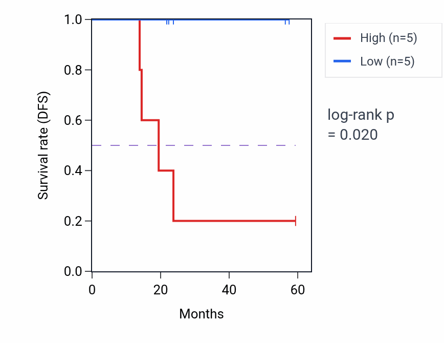 Kaplan&ndash;Meier survival curve for TOP2B mass-spec protein-high vs -low samples in UCEC.