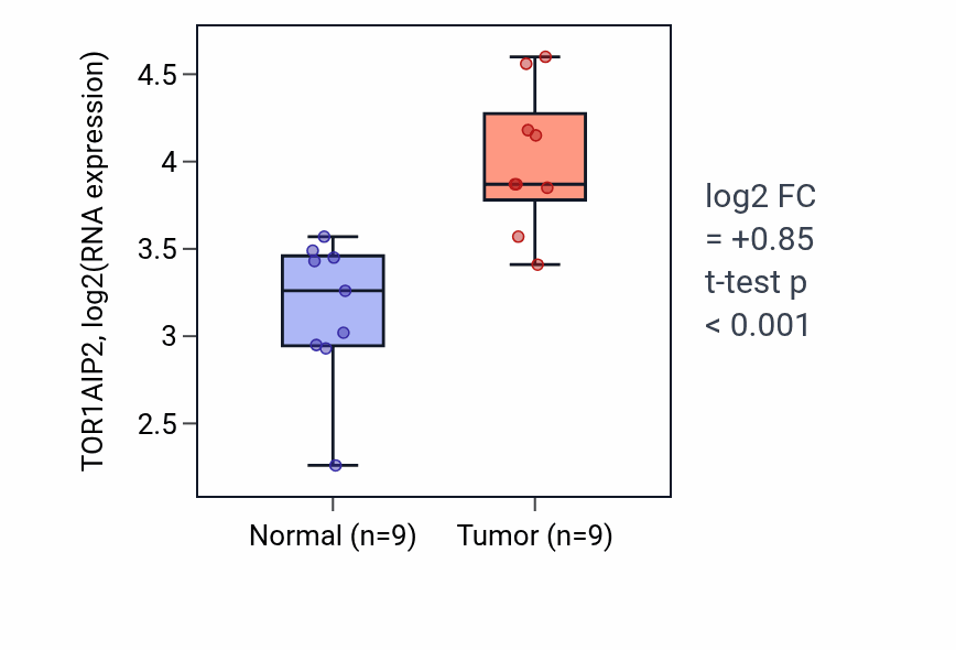 Tumor-vs-normal expression box plot for TOR1AIP2 RNA in HNSC.