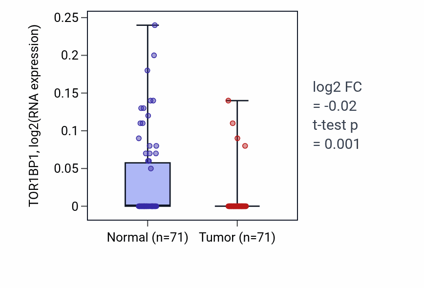 Tumor-vs-normal expression box plot for TOR1BP1 in KIRC.