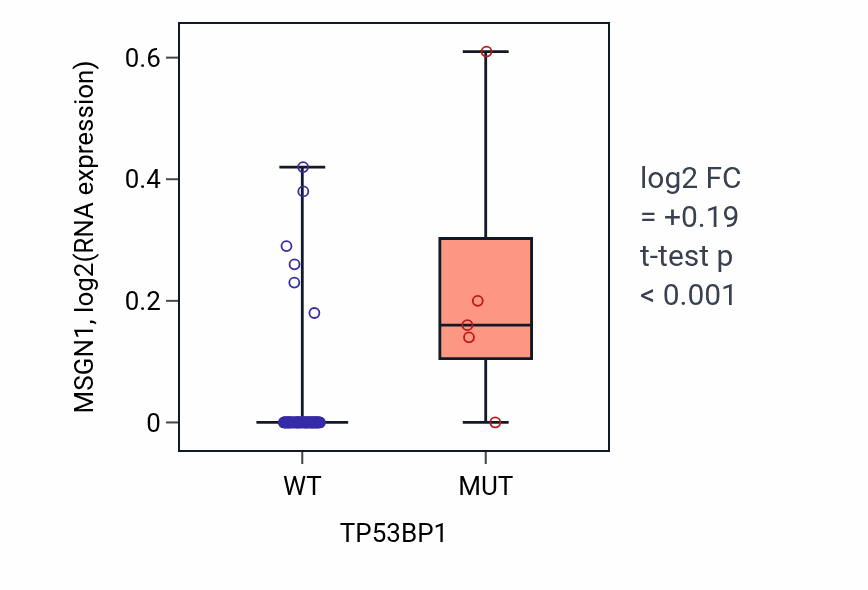 Box plot of MSGN1 in TP53BP1-low vs TP53BP1-high samples in SOFT_TISSUE.