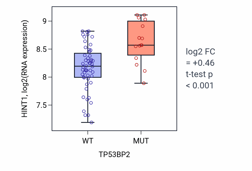 Box plot of HINT1 in TP53BP2-low vs TP53BP2-high samples in LARGE_INTESTINE.