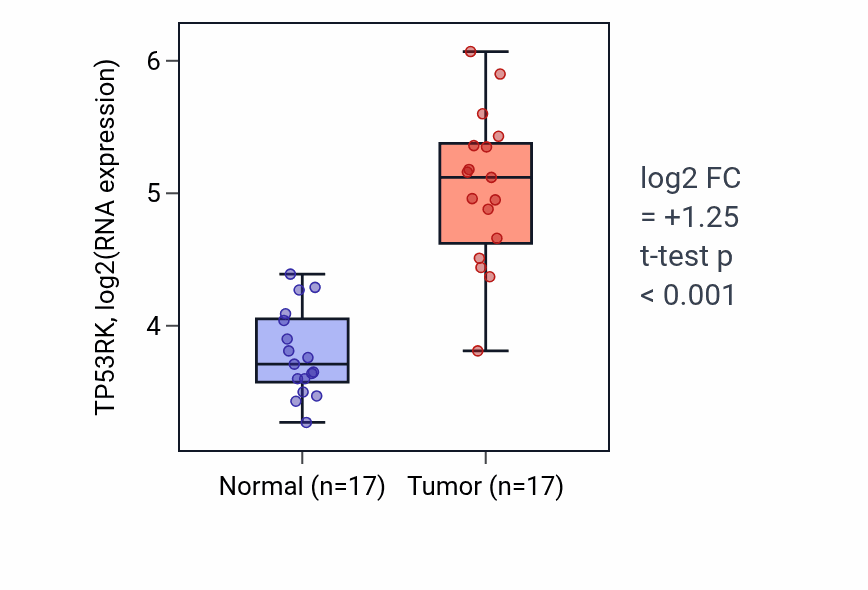 Tumor-vs-normal expression box plot for TP53RK RNA in COAD.
