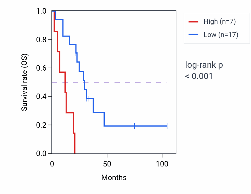 Kaplan&ndash;Meier survival curve for TP53TG3B RNA expression in SCLC: high vs low expression groups.