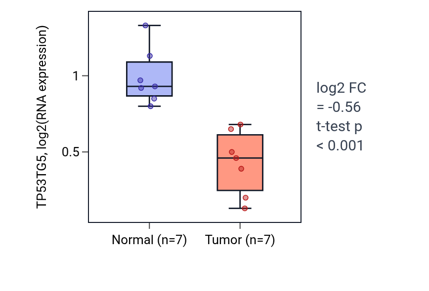 Tumor-vs-normal expression box plot for TP53TG5 in THCA.