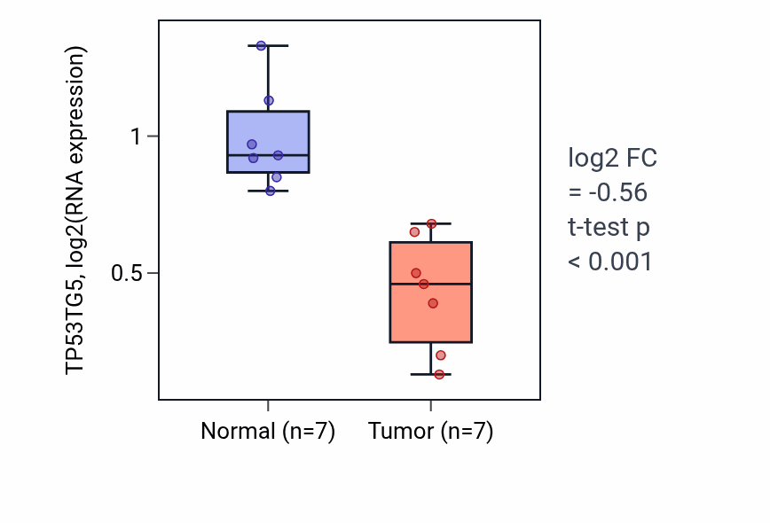 Tumor-vs-normal expression box plot for TP53TG5 RNA in THCA.