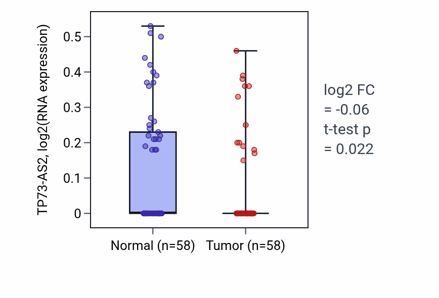Tumor-vs-normal expression box plot for TP73-AS2 in THCA.