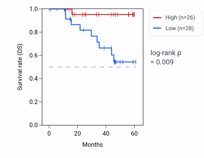 Kaplan&ndash;Meier survival curve for TP73 mass-spec protein-high vs -low samples in LSCC.
