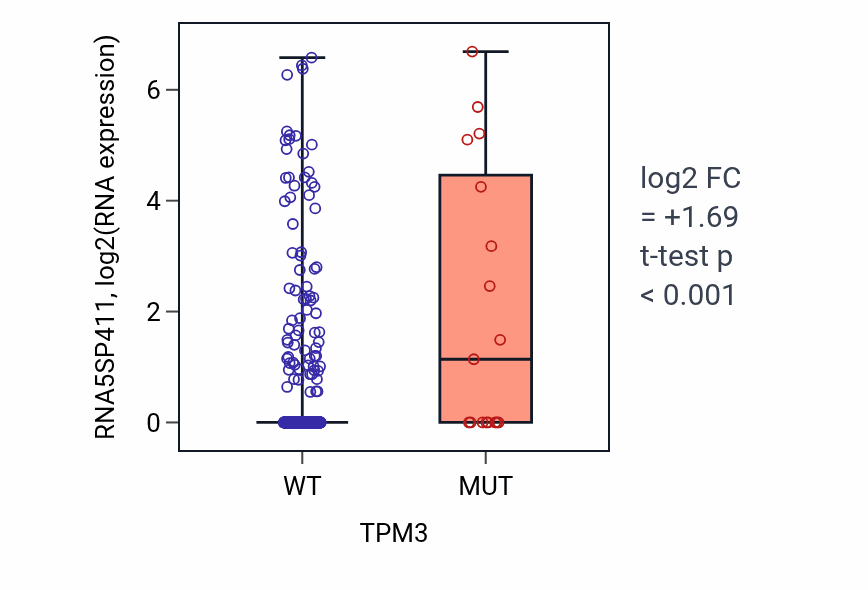 Box plot of RNA5SP411 in TPM3-low vs TPM3-high samples in UCEC.