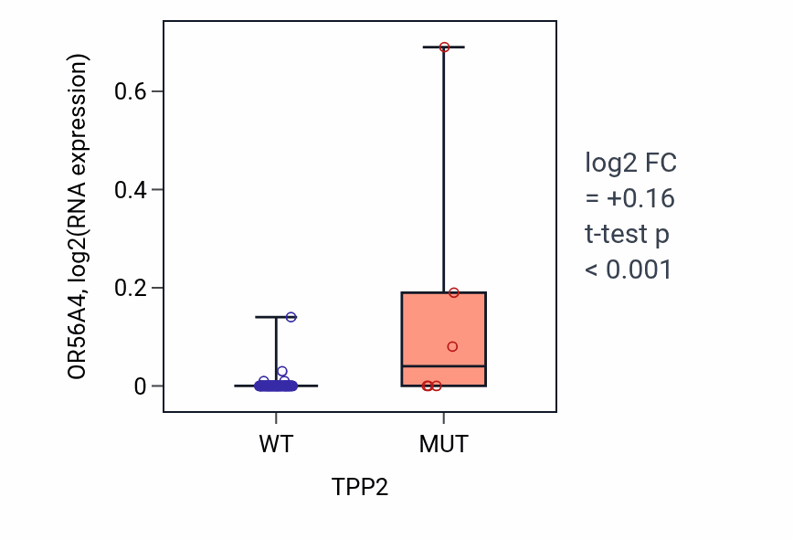 Box plot of OR56A4 in TPP2-low vs TPP2-high samples in LUNG_NSCLC_LUAD.