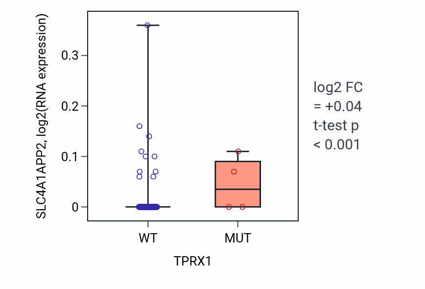 Box plot of SLC4A1APP2 in TPRX1-low vs TPRX1-high samples in HNSC.