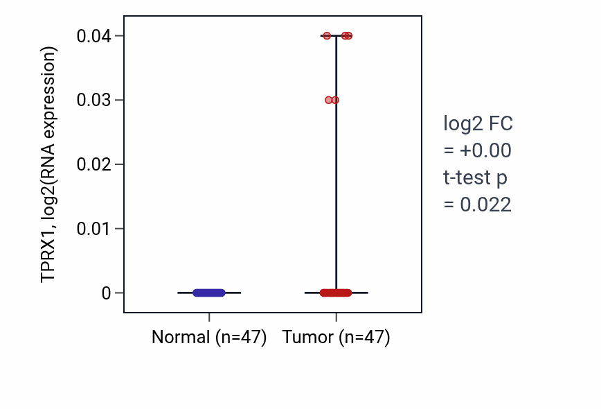 Tumor-vs-normal expression box plot for TPRX1 RNA in KIRC.