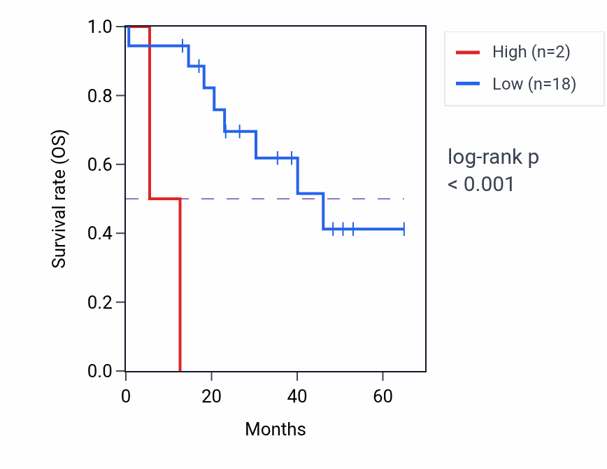 Kaplan&ndash;Meier survival curve for TPST2P1 RNA expression in CHOL: high vs low expression groups.