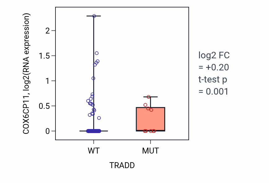Box plot of COX6CP11 in TRADD-low vs TRADD-high samples in UCEC.