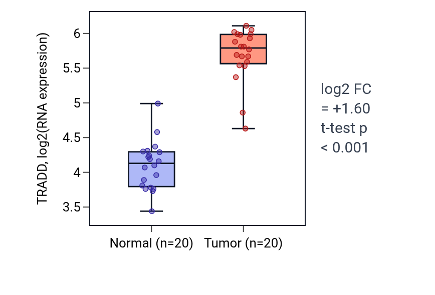 Tumor-vs-normal expression box plot for TRADD in KIRC.