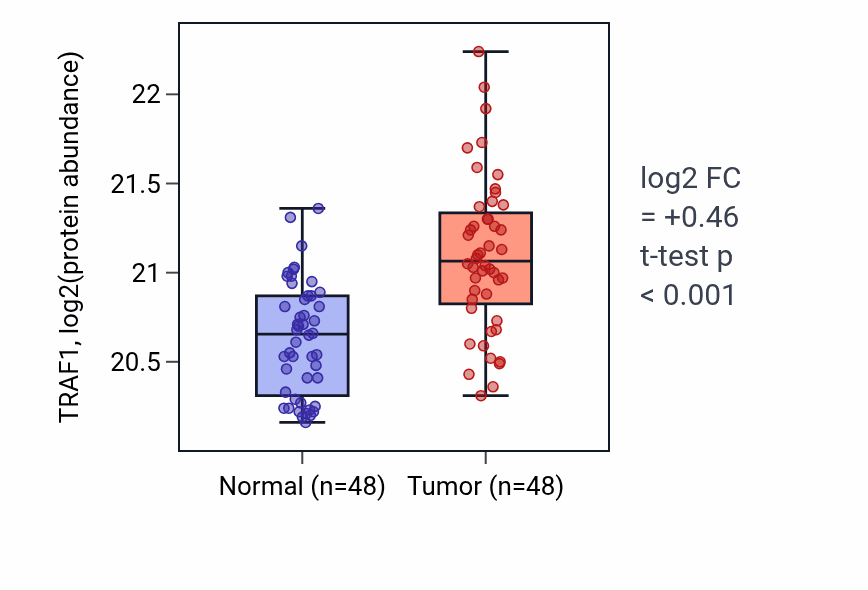 Tumor-vs-normal mass-spec protein box plot for TRAF1 in HNSC.