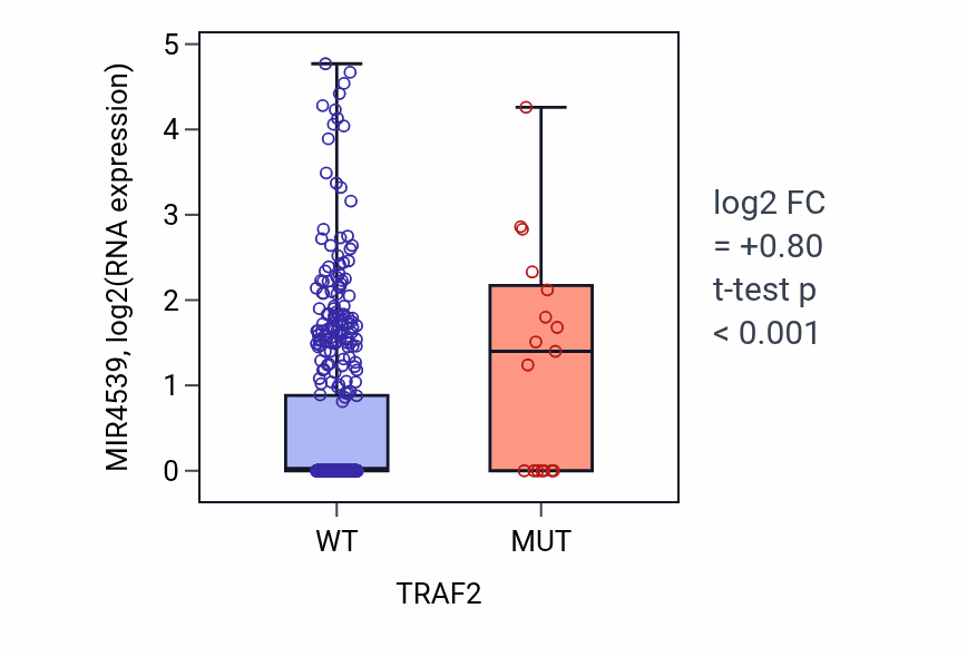 Box plot of MIR4539 in TRAF2-low vs TRAF2-high samples in UCEC.