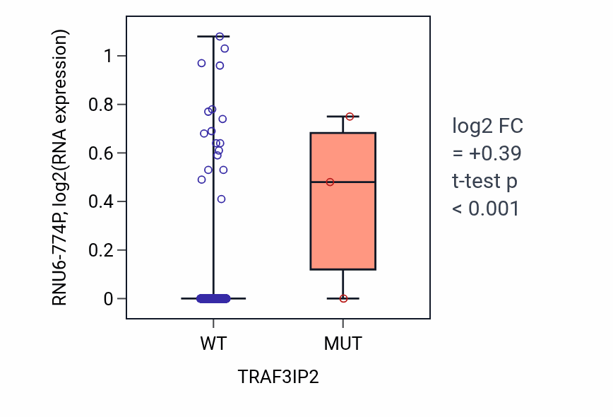 Box plot of RNU6-774P in TRAF3IP2-low vs TRAF3IP2-high samples in HNSC.