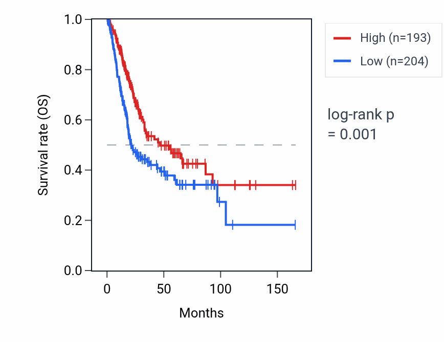 Kaplan&ndash;Meier survival curve for TRAV10 RNA expression in BLCA: high vs low expression groups.