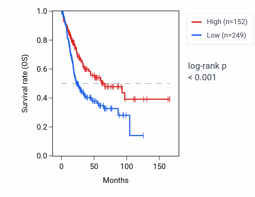 Kaplan&ndash;Meier survival curve for TRAV34 RNA expression in BLCA: high vs low expression groups.