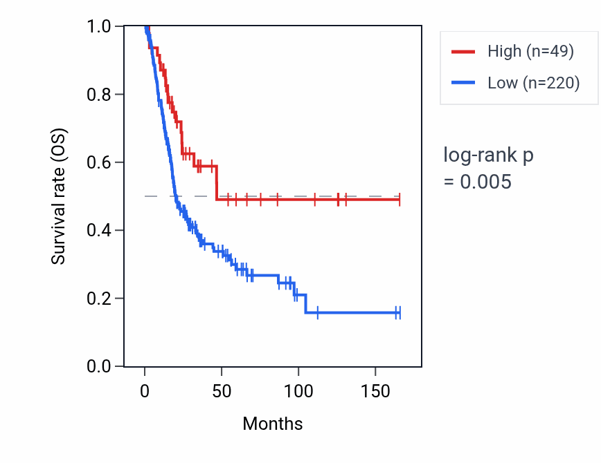 Kaplan&ndash;Meier survival curve for TRGJP2 RNA expression in BLCA: high vs low expression groups.