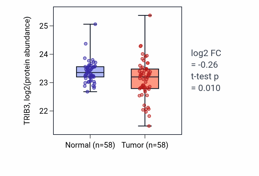 Tumor-vs-normal mass-spec protein box plot for TRIB3 in LSCC.