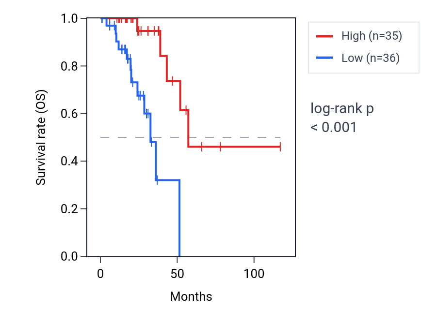 Kaplan&ndash;Meier survival curve for TRIM17 RNA expression in READ: high vs low expression groups.