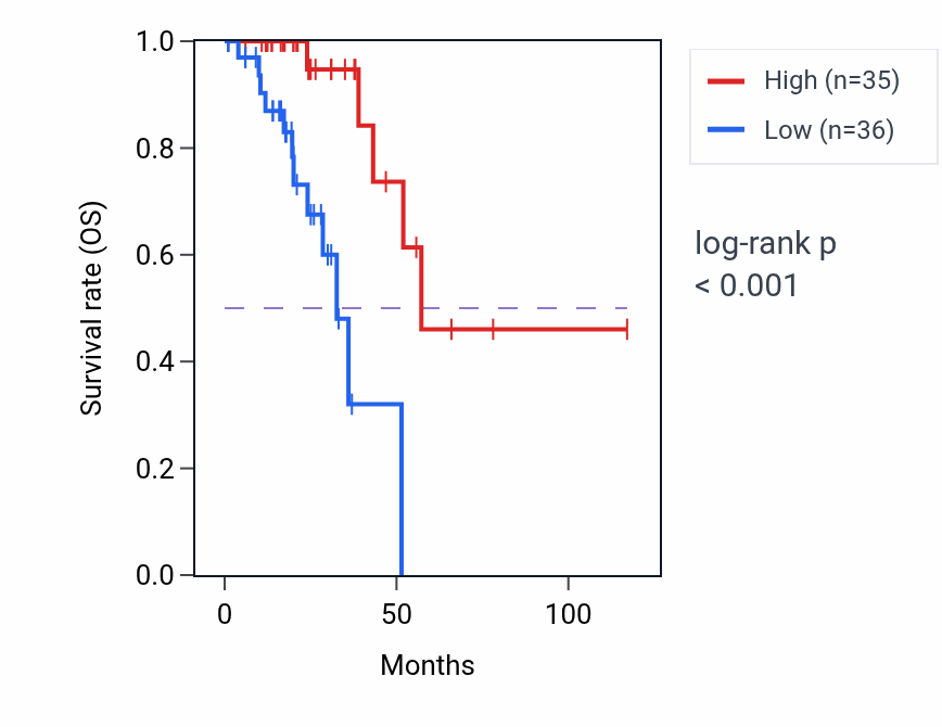 Kaplan&ndash;Meier survival curve for TRIM17 RNA-high vs -low samples in READ.