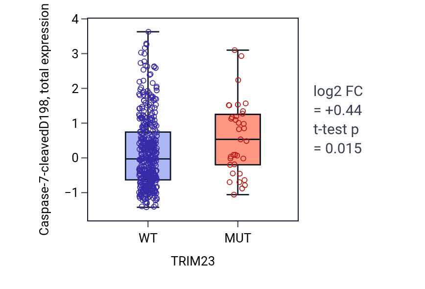 Box plot of Caspase-7-cleavedD198 in TRIM23-low vs TRIM23-high samples in UCEC.