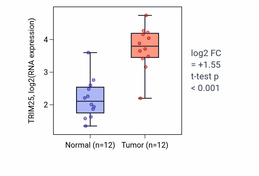 Tumor-vs-normal expression box plot for TRIM25 RNA in LIHC.