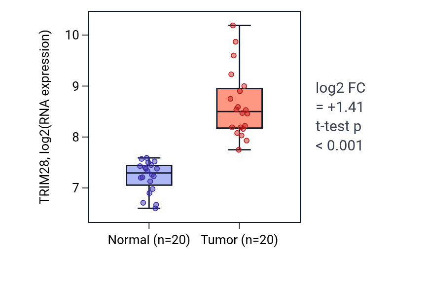 Tumor-vs-normal expression box plot for TRIM28 RNA in COAD.