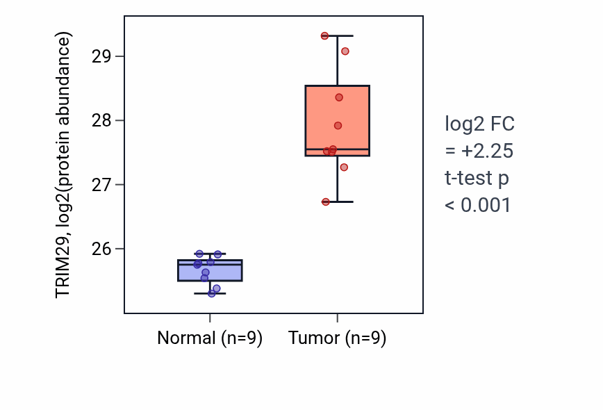 Tumor-vs-normal mass-spec protein box plot for TRIM29 in LSCC.