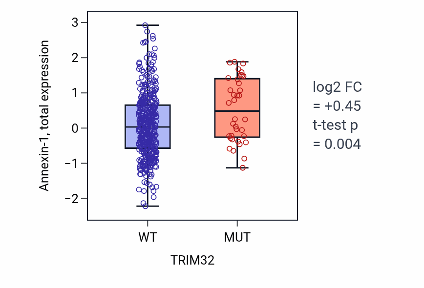 Box plot of Annexin-1 in TRIM32-low vs TRIM32-high samples in UCEC.