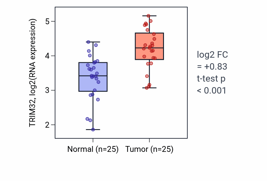 Tumor-vs-normal expression box plot for TRIM32 RNA in HNSC.