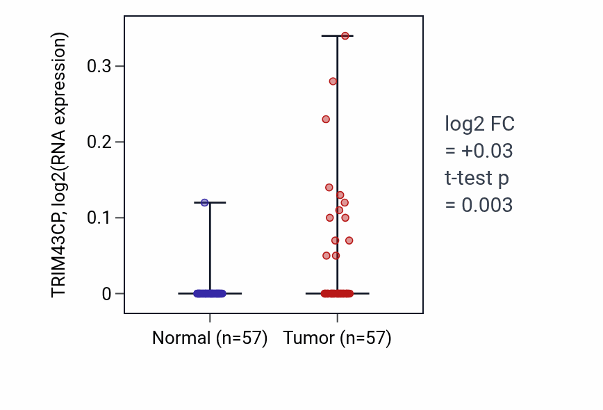 Tumor-vs-normal expression box plot for TRIM43CP in LUAD.