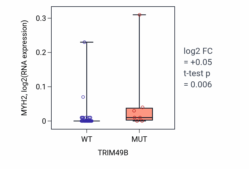 Box plot of MYH2 in TRIM49B-low vs TRIM49B-high samples in LARGE_INTESTINE.