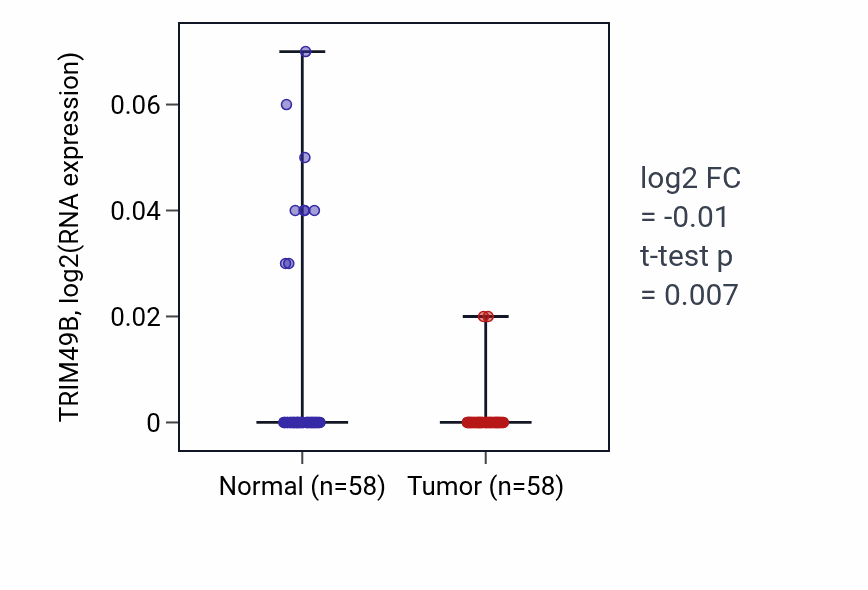 Tumor-vs-normal expression box plot for TRIM49B RNA in THCA.