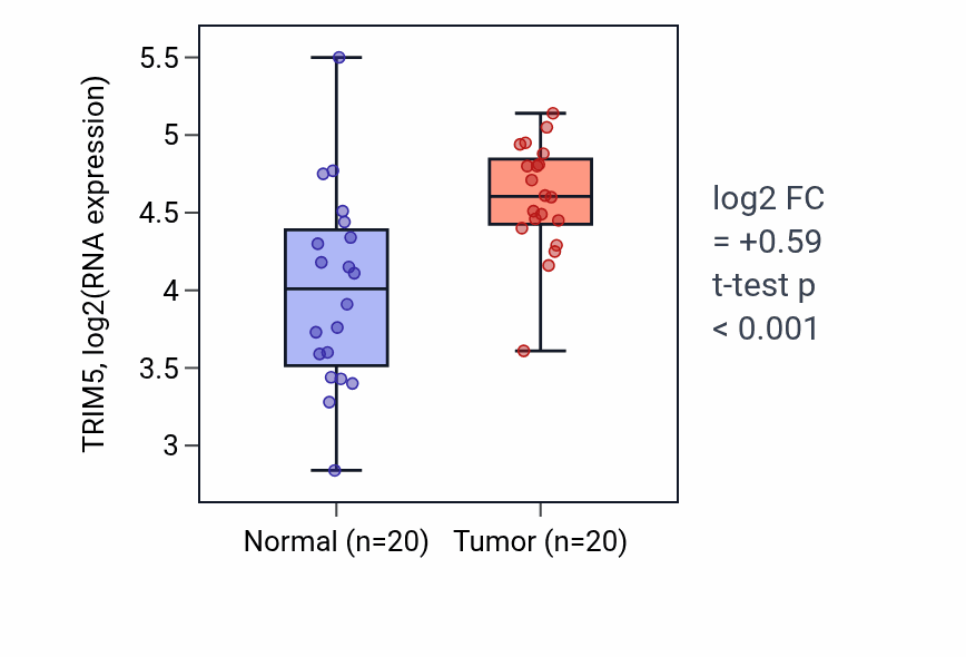 Tumor-vs-normal expression box plot for TRIM5 RNA in KIRC.