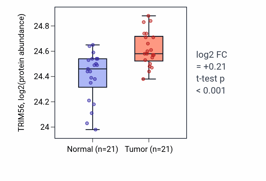 Tumor-vs-normal mass-spec protein box plot for TRIM56 in HNSC.