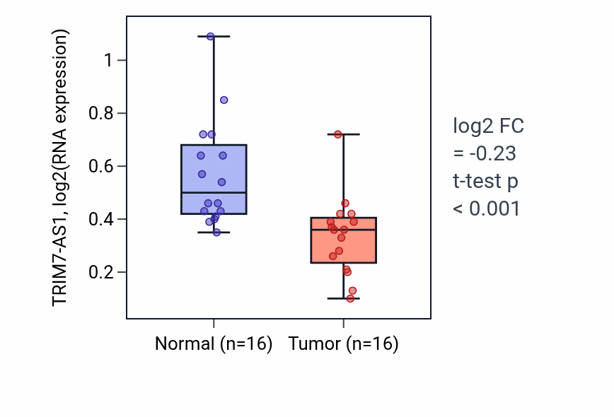 Tumor-vs-normal expression box plot for TRIM7-AS1 in THCA.