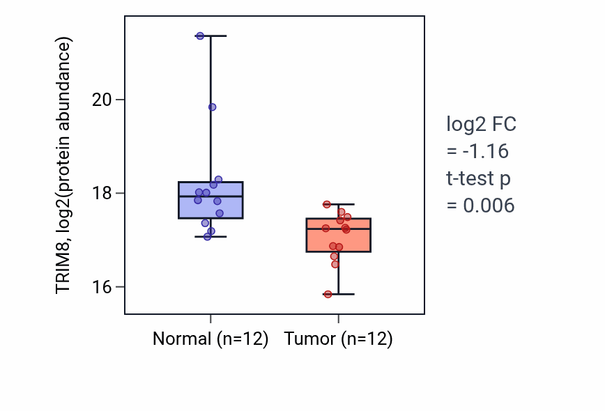 Tumor-vs-normal mass-spec protein box plot for TRIM8 in HNSC.
