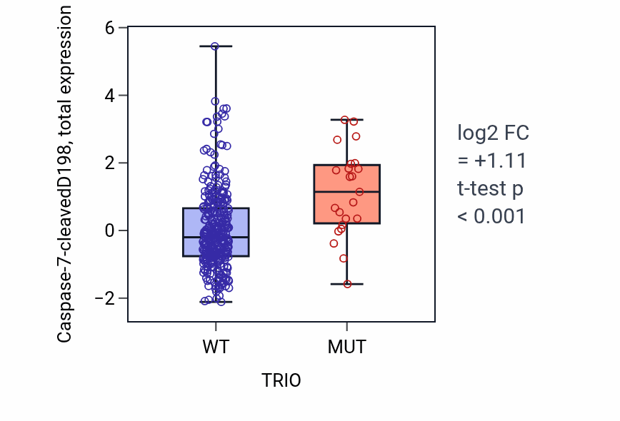 Box plot of Caspase-7-cleavedD198 in TRIO-low vs TRIO-high samples in COAD.