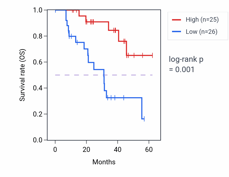 Kaplan&ndash;Meier survival curve for TRMT10A mass-spec protein-high vs -low samples in HNSC.