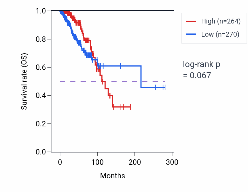 Kaplan&ndash;Meier survival curve for TRMT10B RNA-high vs -low samples in BRCA.