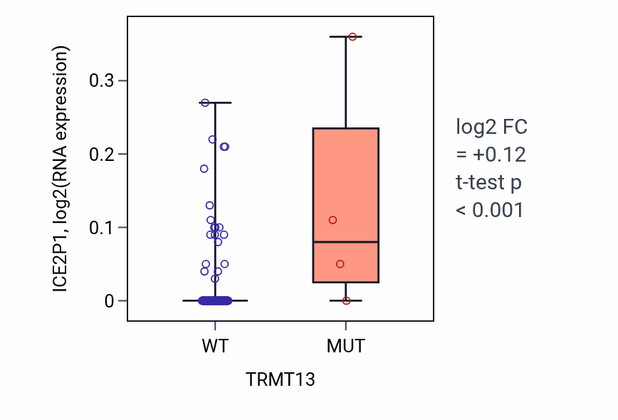 Box plot of ICE2P1 in TRMT13-low vs TRMT13-high samples in READ.
