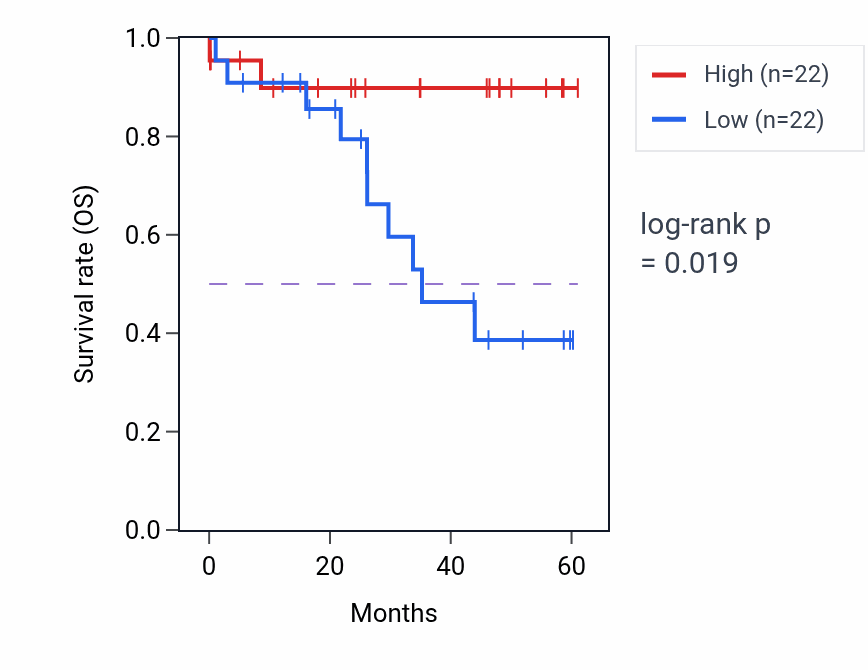 Kaplan&ndash;Meier survival curve for TRMT13 mass-spec protein-high vs -low samples in LSCC.
