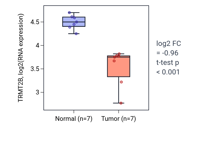 Tumor-vs-normal expression box plot for TRMT2B in THCA.